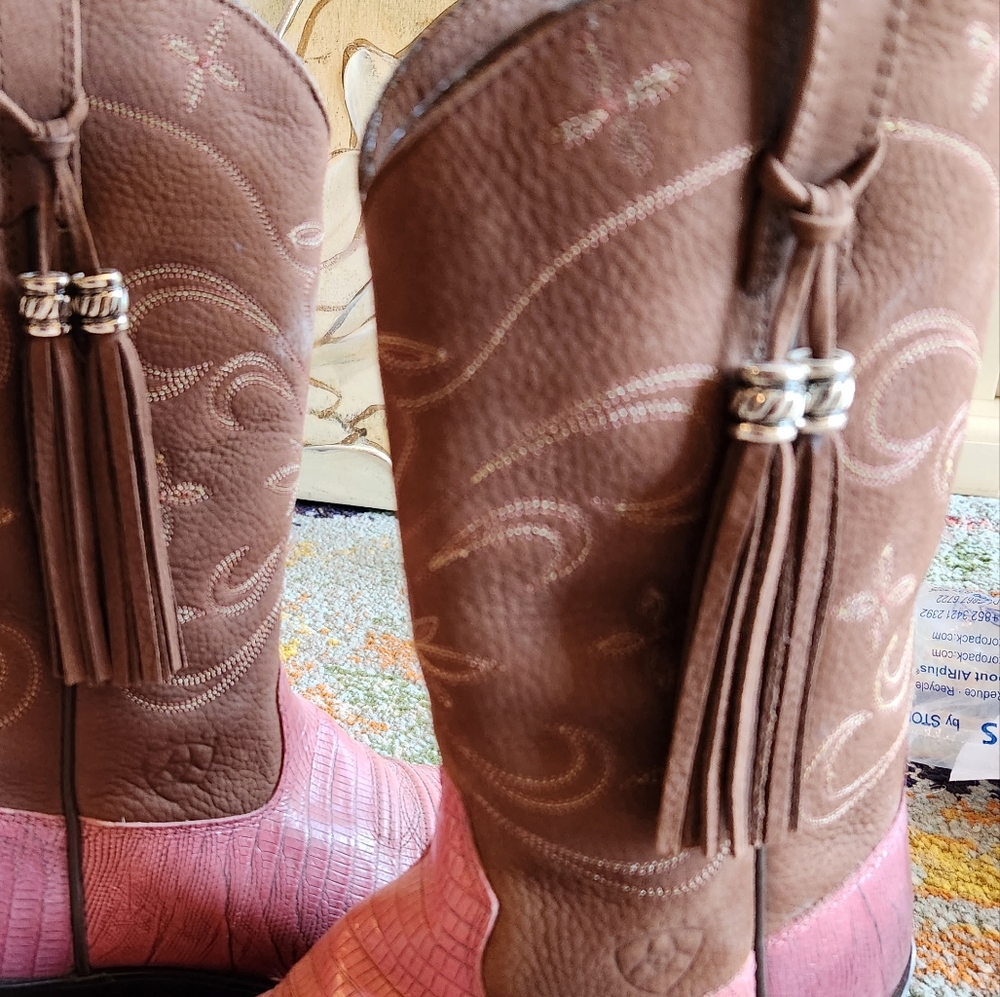 ARIAT Heritage Snip Snub Nose Brown Pink Croc Fringe Tassle Leather Boots 8.5 B - Picture 7 of 16